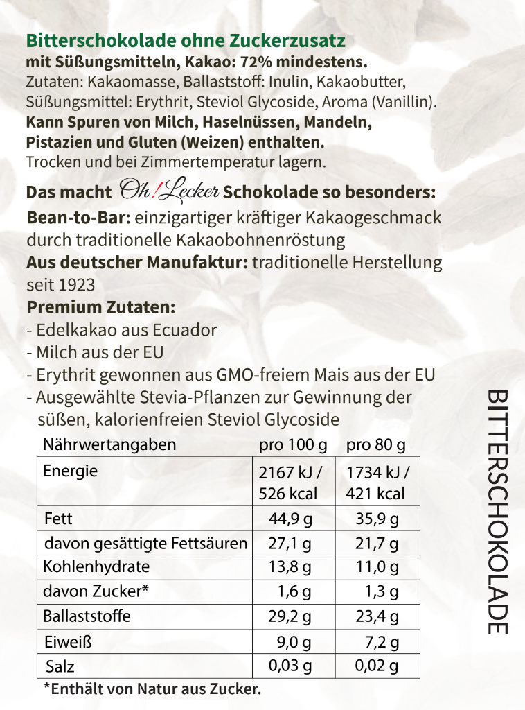 Oh Lecker Stevia* Bitterschokolade, 72% Kakao, 80g