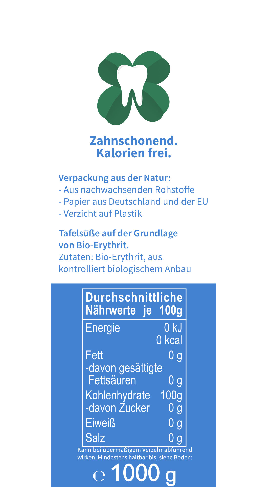 Bio Neuzucker kalorien frei, leicht süß, Papierbeutel, Bio-Erythrit*, 1kg