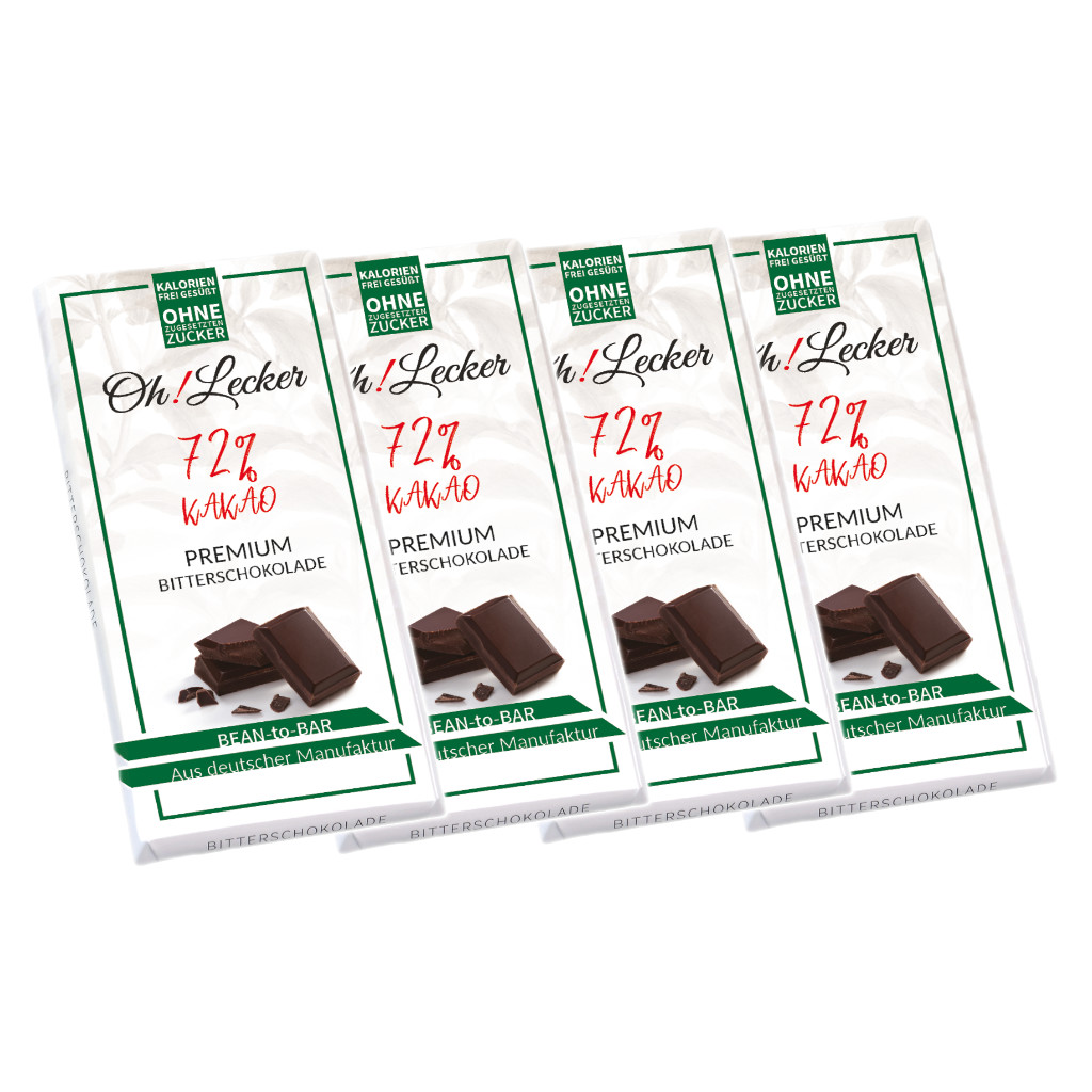 4 x Oh! Lecker Stevia* Bitterschokolade, 72% Kakao, 80g