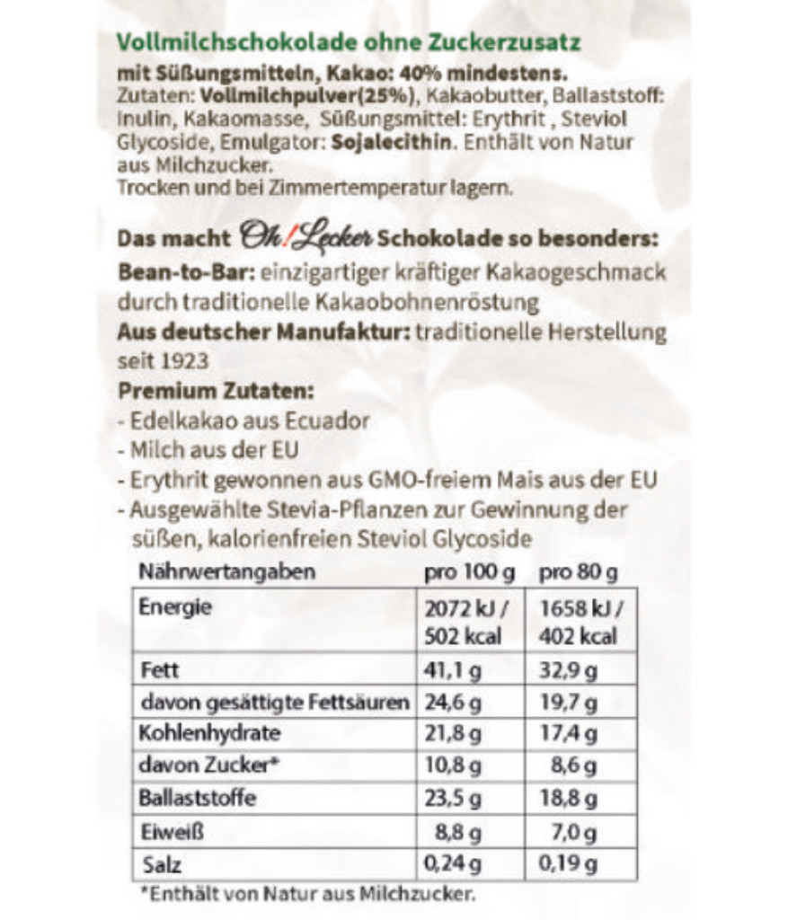 *Ich bin noch gut* 11 x Oh! Lecker Stevia* Vollmilchschokolade, 80 g