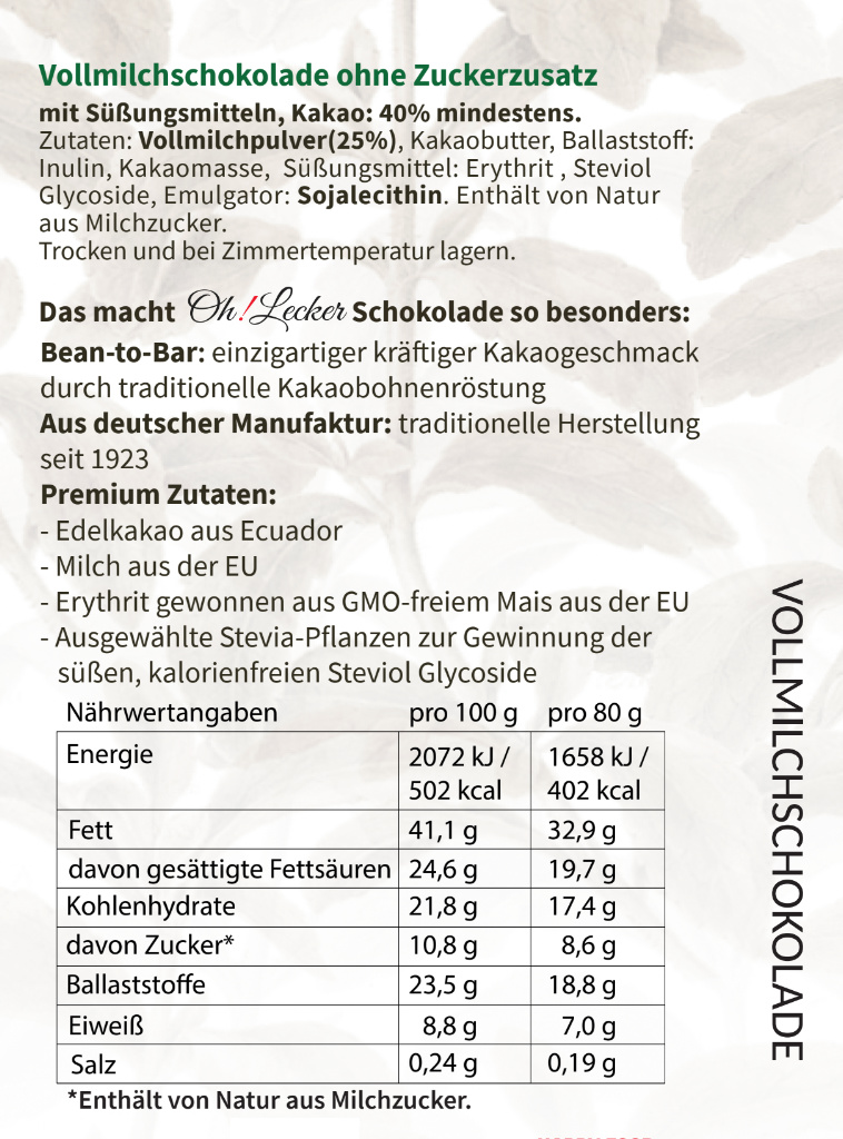 Familienpaket - 4 + 1 für Erwachsene und Kinder - Oh! Lecker Stevia* Schokoladen (Zauberschokolade und 4 Sorten Vollmilch/Edel Bitter)