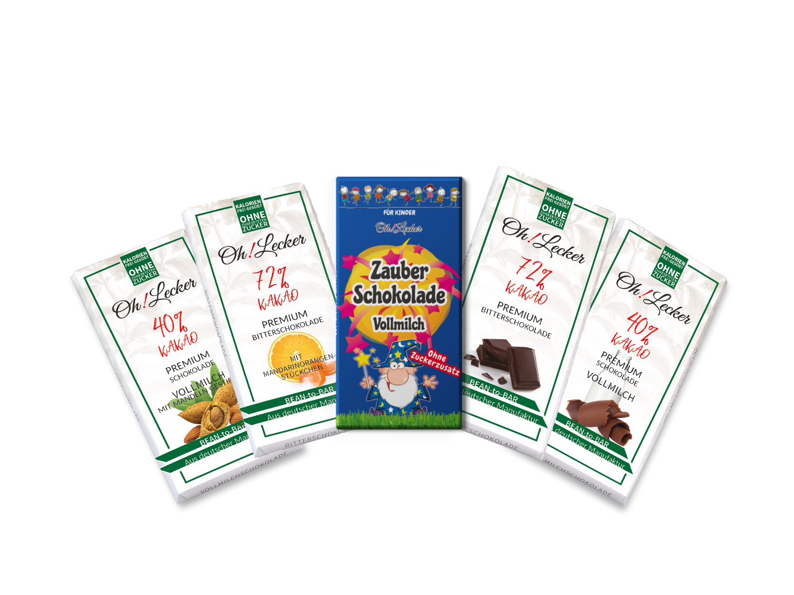 Familienpaket - 4 + 1 für Erwachsene und Kinder - Oh! Lecker Stevia* Schokoladen (Zauberschokolade und 4 Sorten Vollmilch/Edel Bitter) Familienpaket - 4 + 1 für Erwachsene und Kinder - Oh! Lecker Stevia* Schokoladen (Zauberschokolade und 4 Sorten Vollmilch/Edel Bitter)