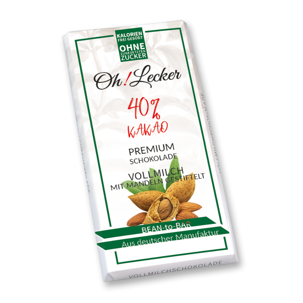 11 x Oh! Lecker Stevia* Vollmilchschokolade mit Mandeln gestiftelt, 40% Kakao, 80g