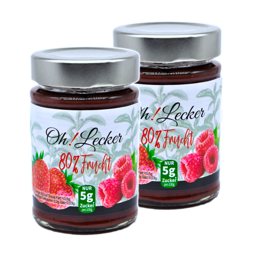 2 x Oh! Lecker 80% Stevia* Fruchtaufstrich, Erdbeere-Himbeere, 180 g