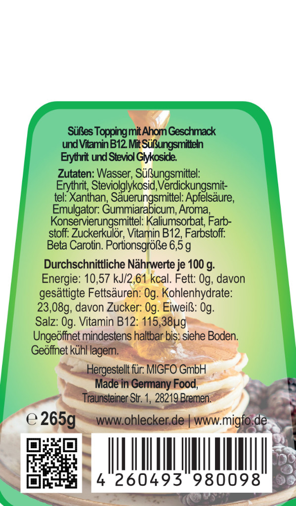 8x Oh! Lecker Stevia* Sirup mit Ahorn-Geschmack, á 265g