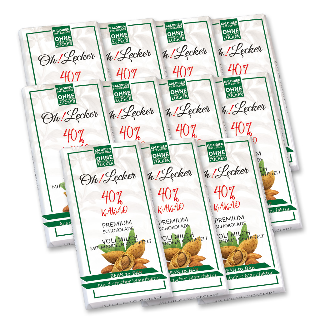 11 x Oh! Lecker Stevia* Vollmilchschokolade mit Mandeln gestiftelt, 40% Kakao, 80g