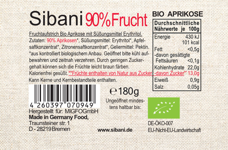 2x Sibani Bio 90% Fruchtaufstrich, Aprikose, mit Bio-Erythrit, 180g