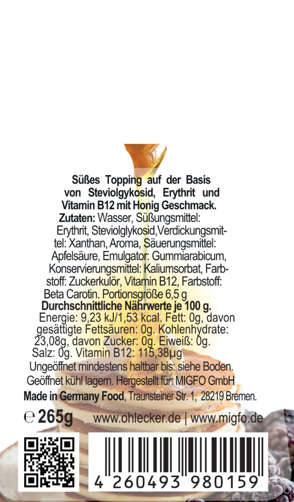 Oh! Lecker Stevia* Sirup mit Honig-Geschmack, Vitamin B12, 265g