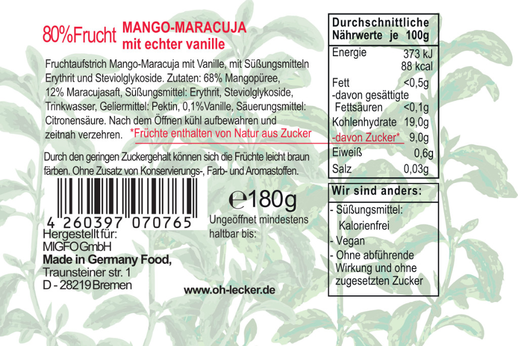 2 x Oh! Lecker 80% Stevia* Fruchtaufstrich, Mango-Maracuja mit Vanille, 180 g