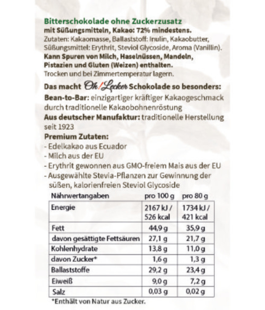 *Ich bin noch gut* Oh Lecker Stevia* Bitterschokolade, 80g