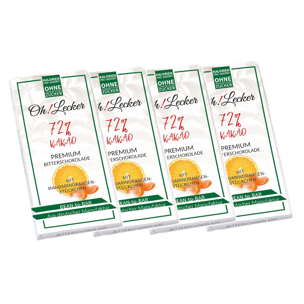 4 x Oh! Lecker Stevia* Bitterschokolade mit Mandarin-Orangenstückchen, 72% Kakao, 80g