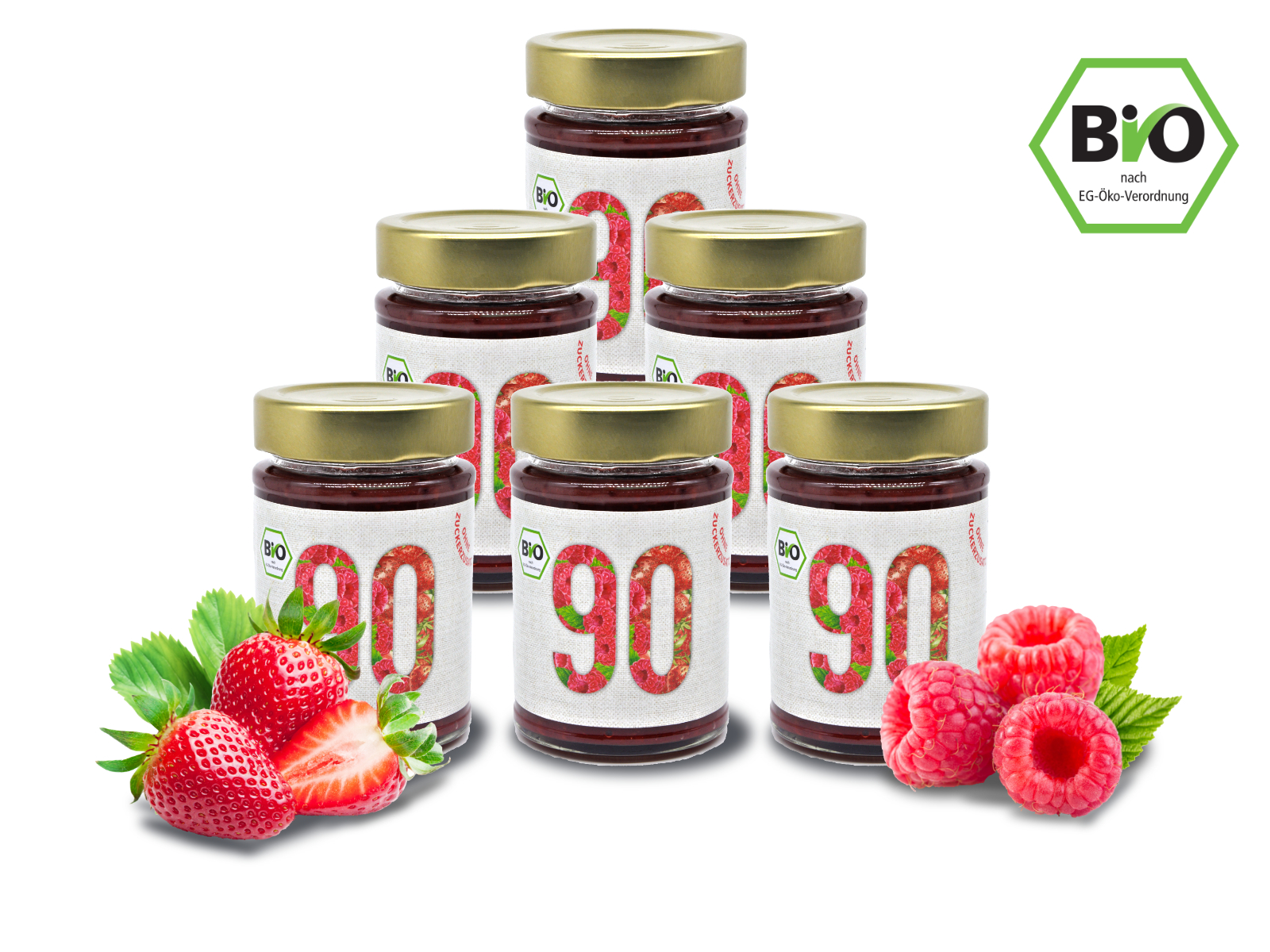 6x Sibani Bio 90% Fruchtaufstrich, Himbeere-Erdbeere, mit Bio-Erythrit, 180g