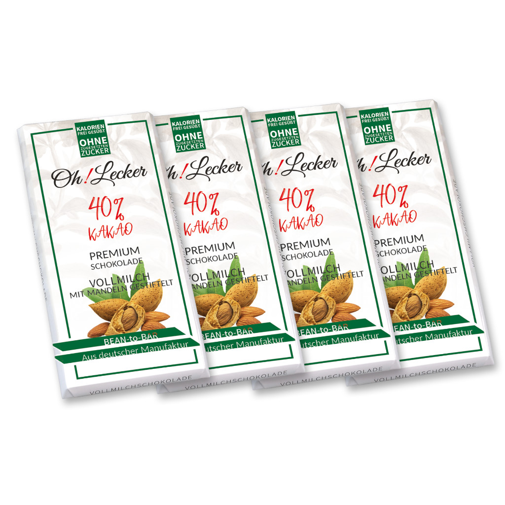 4 x Oh! Lecker Stevia* Vollmilchschokolade mit Mandeln gestiftelt, 40% Kakao, 80g