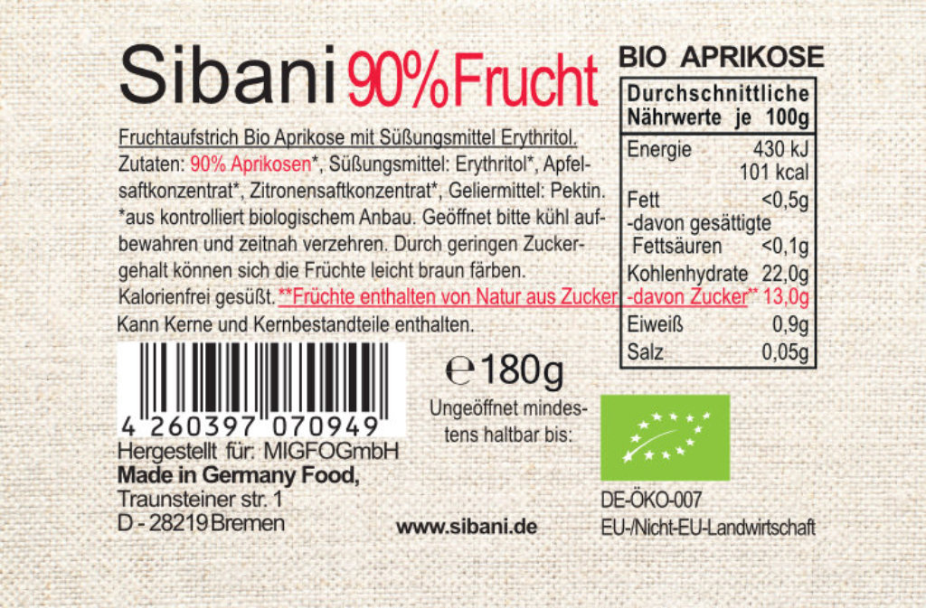 Sibani Bio 90% Fruchtaufstrich, Aprikose, mit Bio-Erythrit, 180g