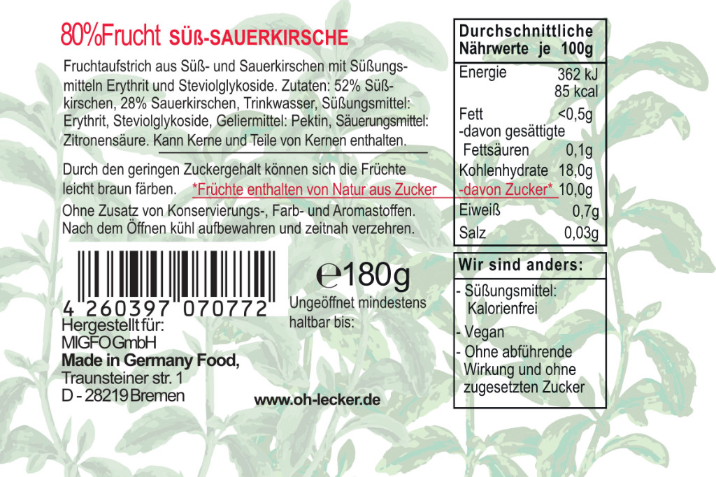 2 x Oh! Lecker 80% Stevia* Fruchtaufstrich, Süß-Sauer Kirschen, 180 g