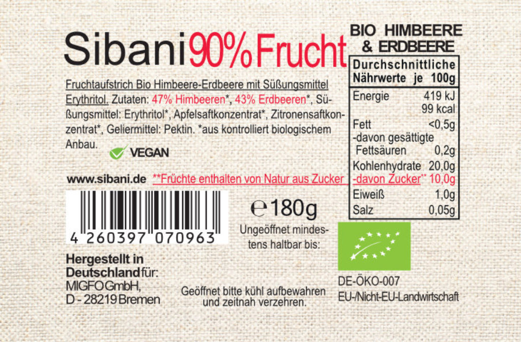 Sibani Bio 90% Fruchtaufstrich, Himbeere-Erdbeere, mit Bio-Erythrit, 180g