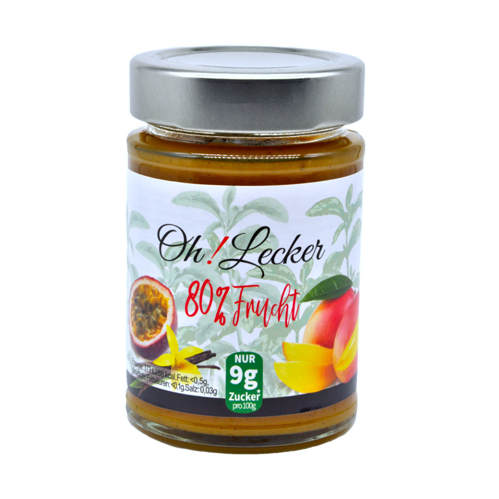 *Ich bin noch gut* Oh! Lecker 80% Stevia* Fruchtaufstrich, Mango-Maracuja mit Vanille, 180 g