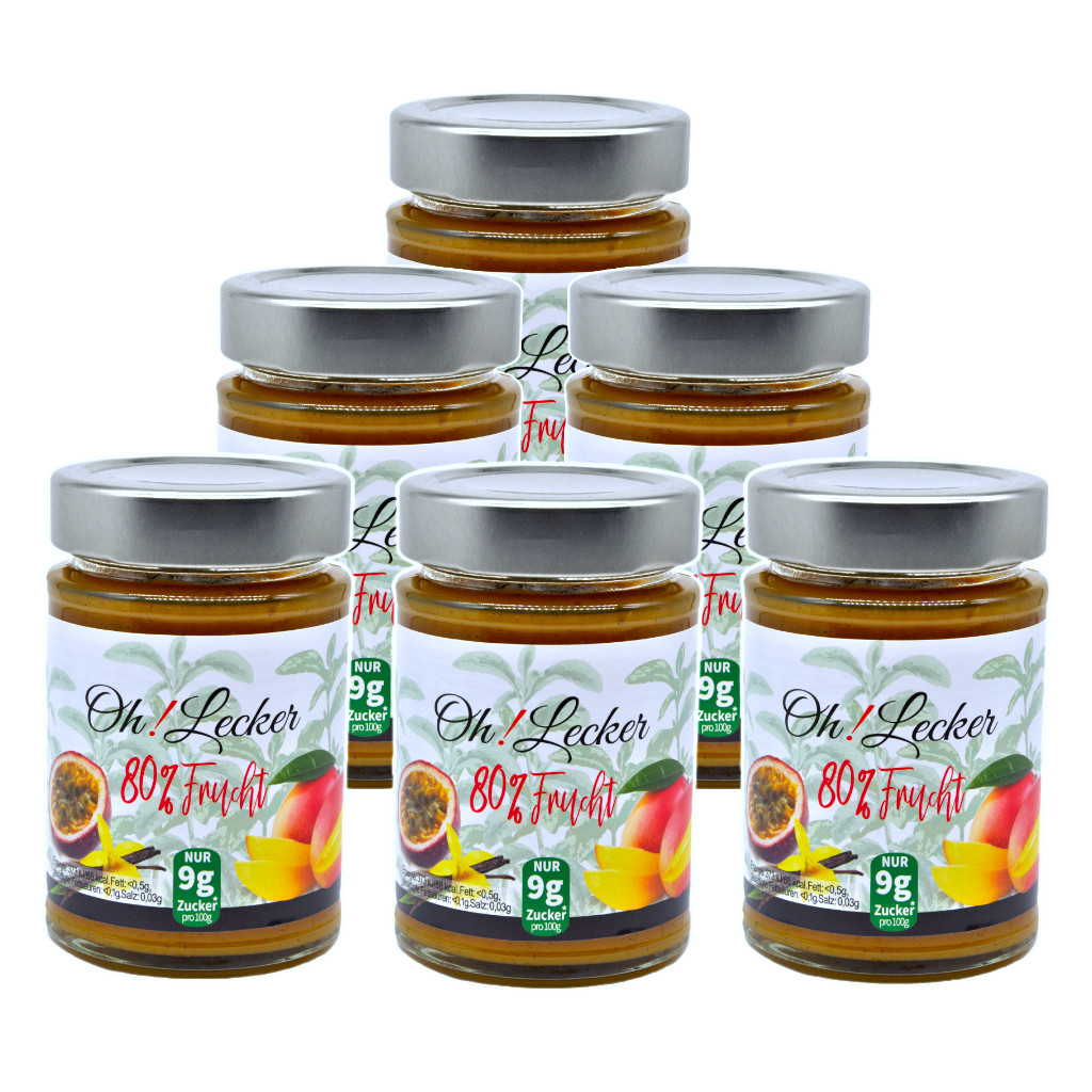 6 x Oh! Lecker 80% Stevia* Fruchtaufstrich, Mango-Maracuja mit Vanille, 180 g