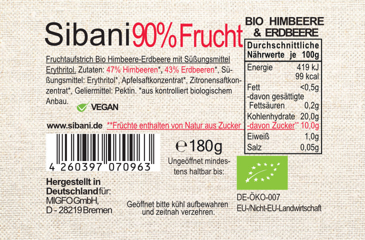 6x Sibani Bio 90% Fruchtaufstrich, Himbeere-Erdbeere, mit Bio-Erythrit, 180g