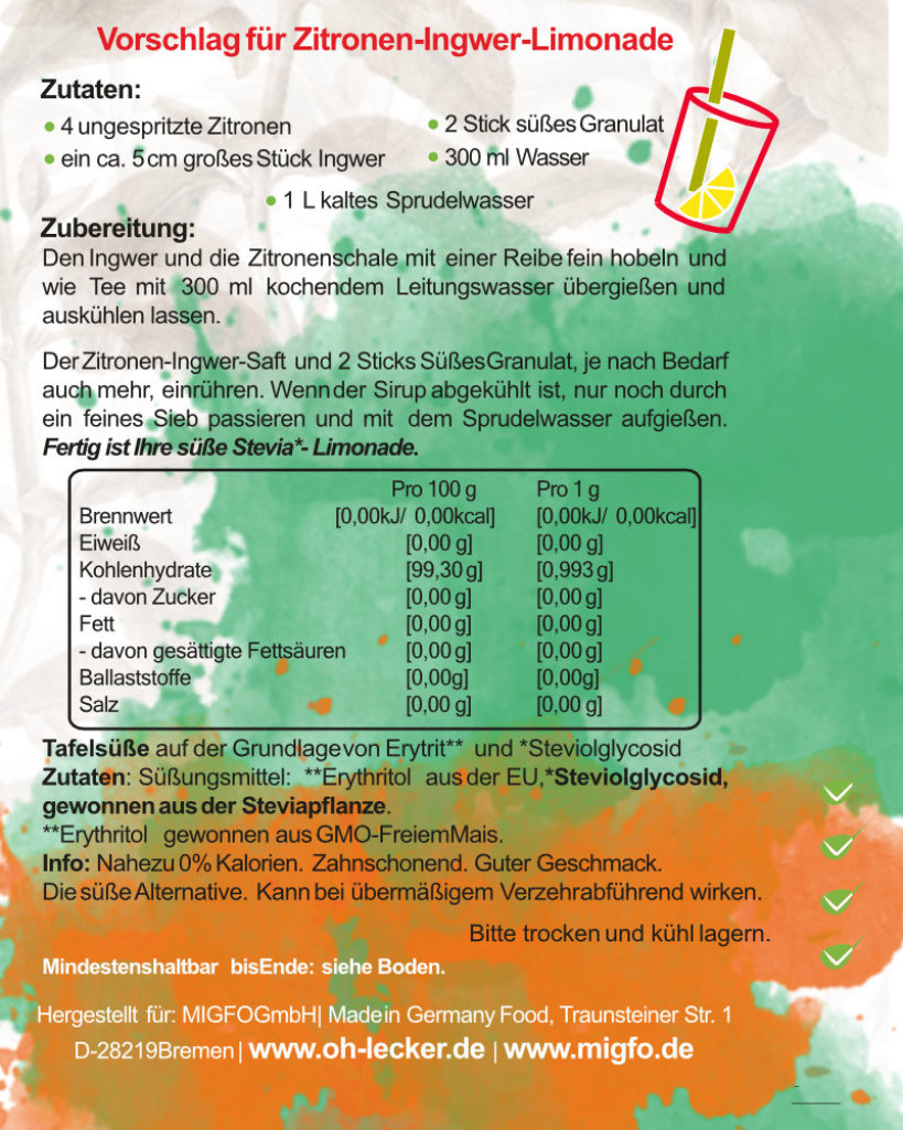 Oh! Lecker 100 Stevia* Streusüße Sticks ohne Kalorien, 100 g