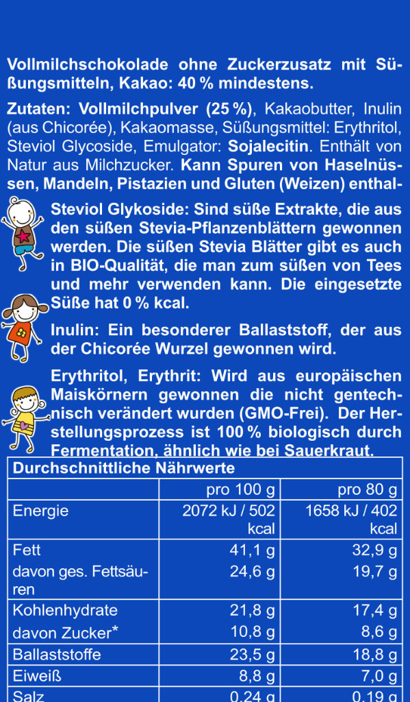 44x Oh! Lecker Stevia* Zauberschokoladen-Riegel für Kinder, Vollmilch, 40% Kakao, 15g