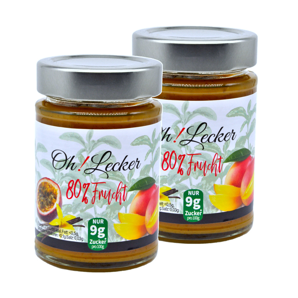 2 x Oh! Lecker 80% Stevia* Fruchtaufstrich, Mango-Maracuja mit Vanille, 180 g