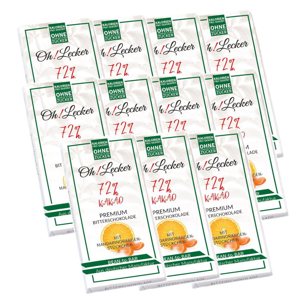 11 x Oh! Lecker Stevia* Bitterschokolade mit Mandarin-Orangenstückchen, 72% Kakao, 80g